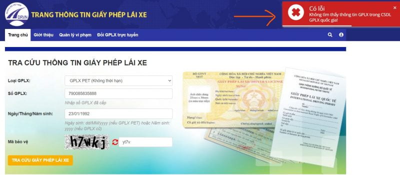 Không tìm thấy giấy phép lái xe